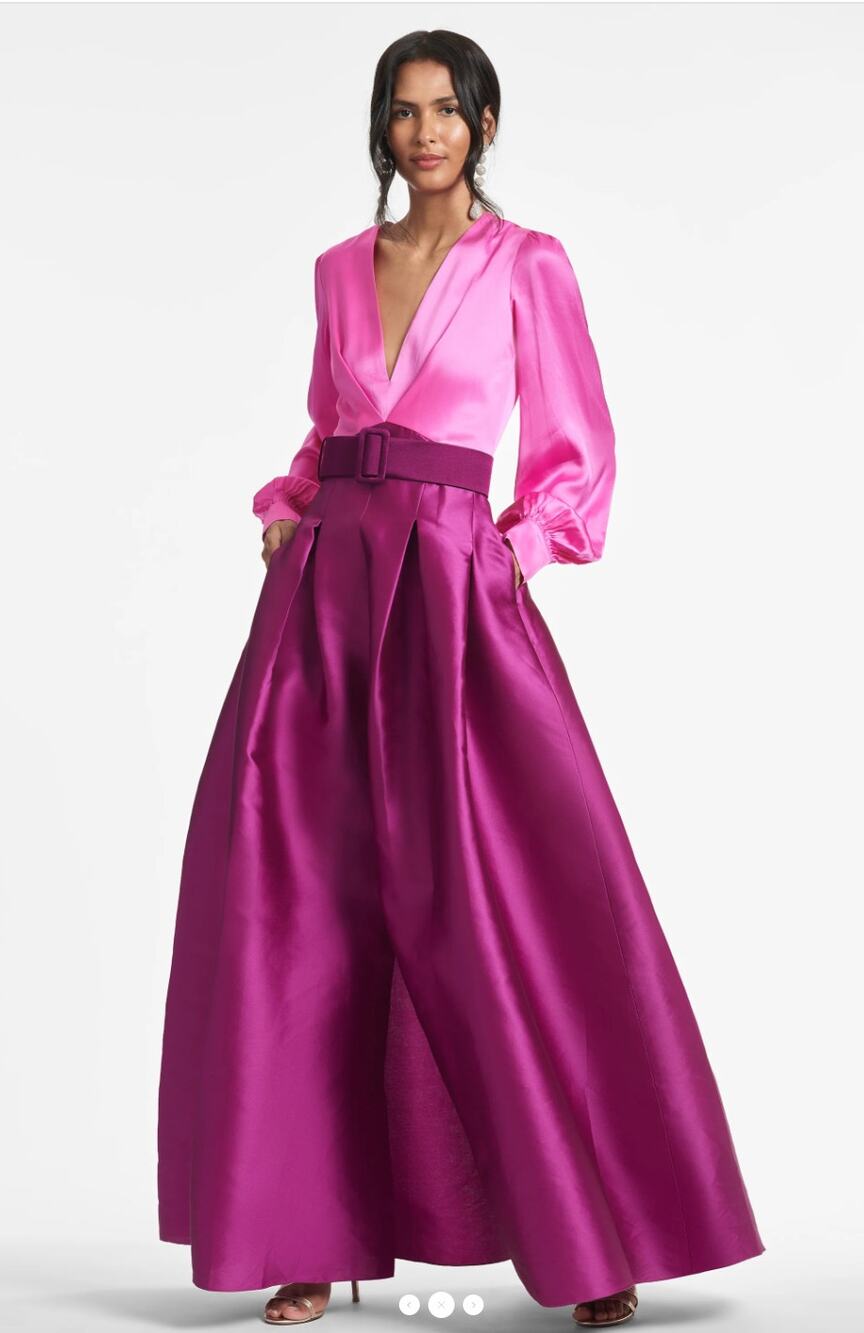 Sachin & Babi Zoe Colorblocked Pleated Long Skirt Belted Satin Gown Pink Size 4